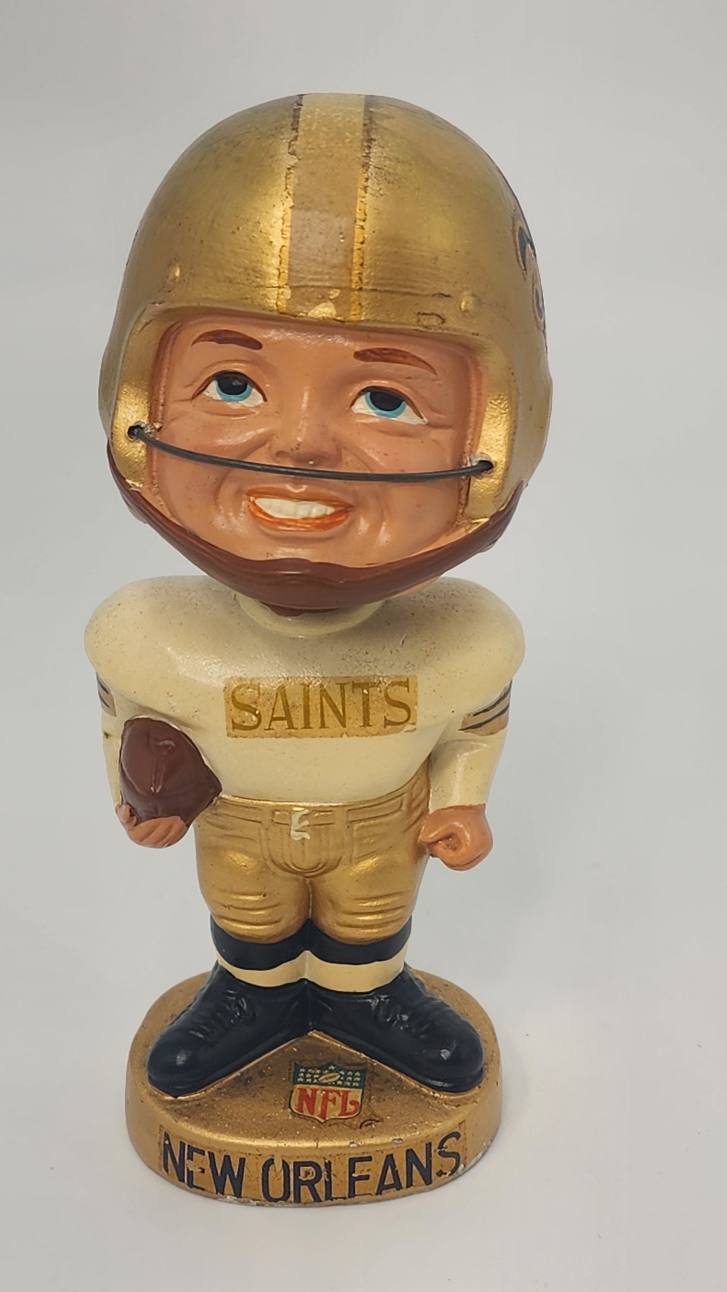 New Orleans Saints 1965 Real Face Bobblehead — 1960s Gold Base Nodder