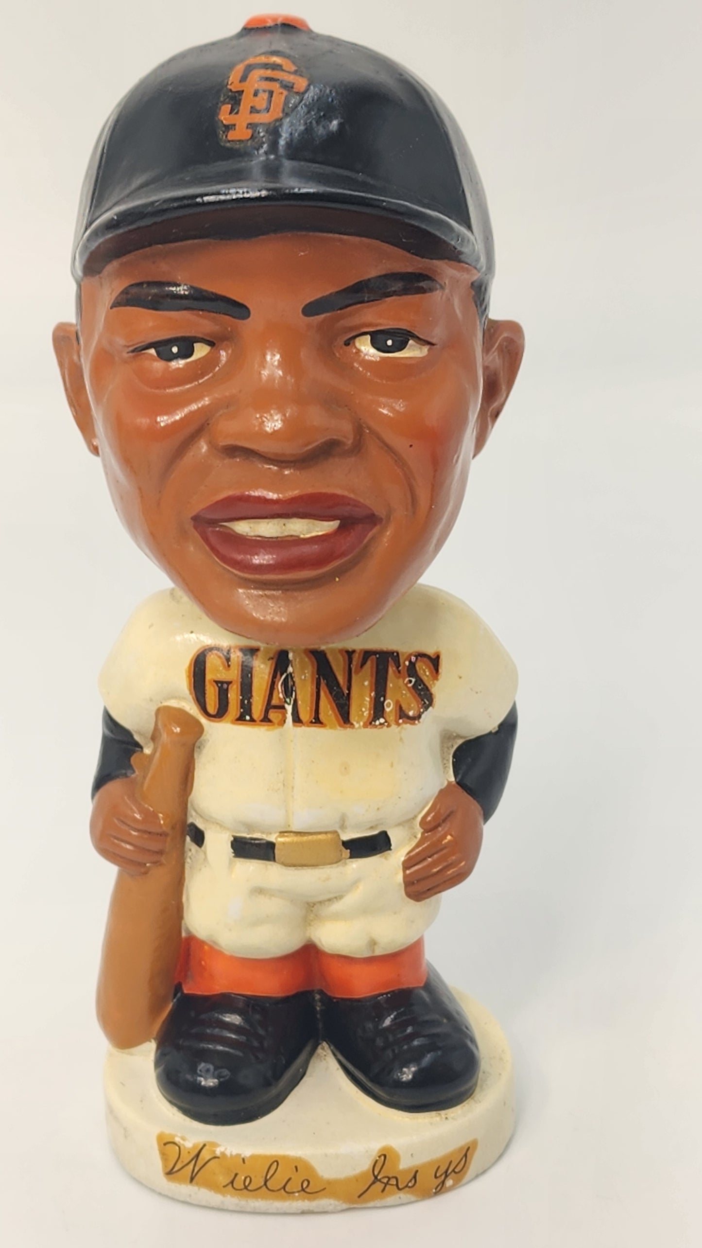 Willie Mays Giants white base bobblehead front view showing realistic face and GIANTS jersey