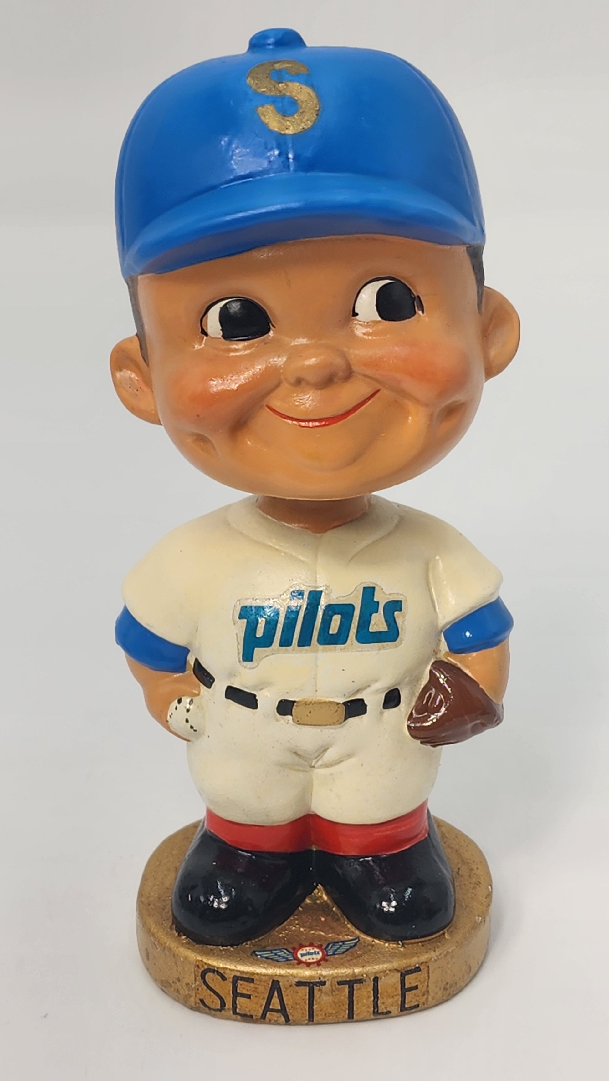 Seattle Pilots gold base bobblehead front view showing pilots jersey and blue cap
