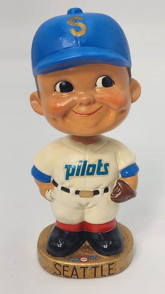 Seattle Pilots gold base bobblehead front view showing pilots jersey and blue cap