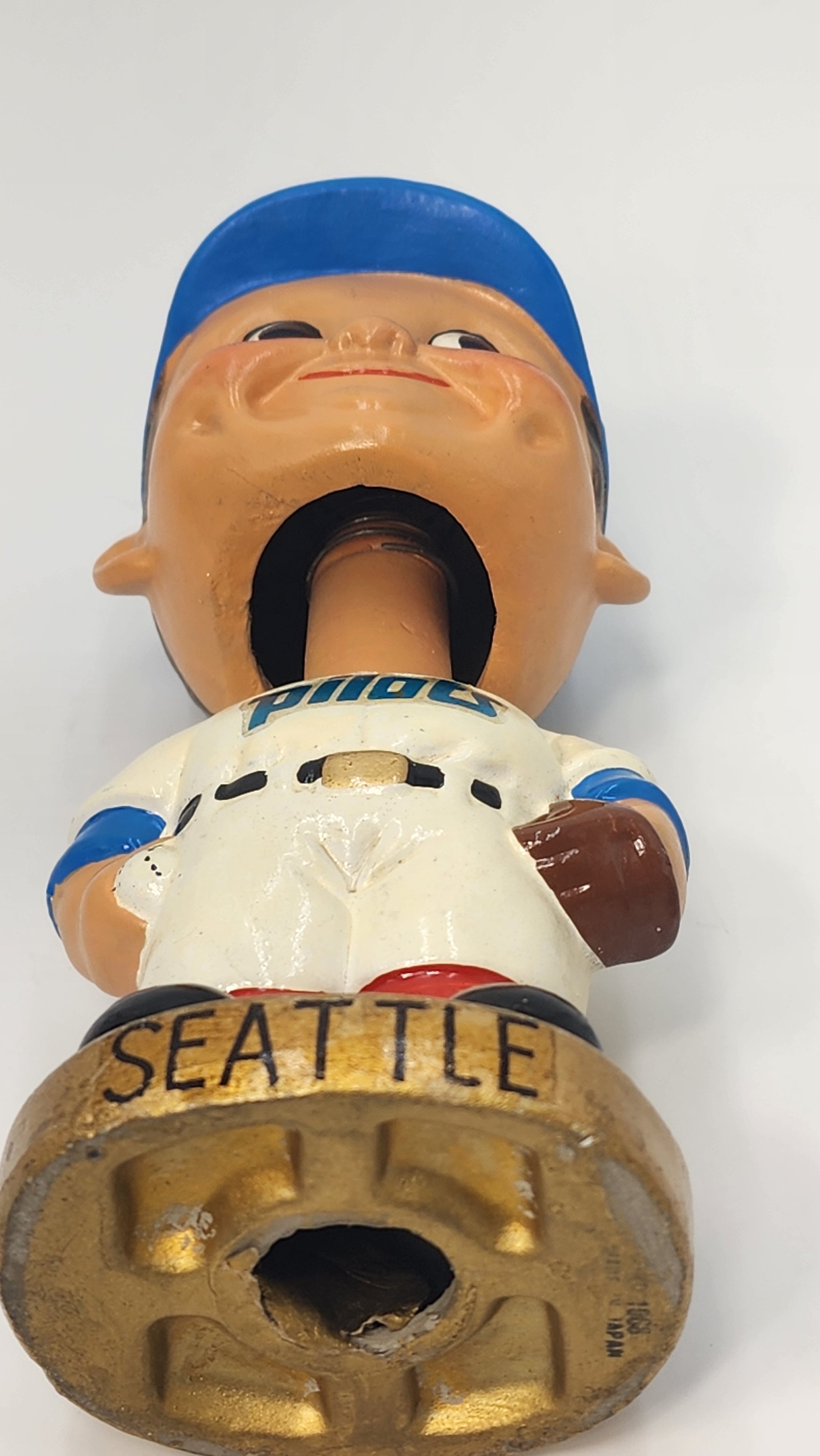 Seattle Pilots bobblehead face and neck detail showing restoration area