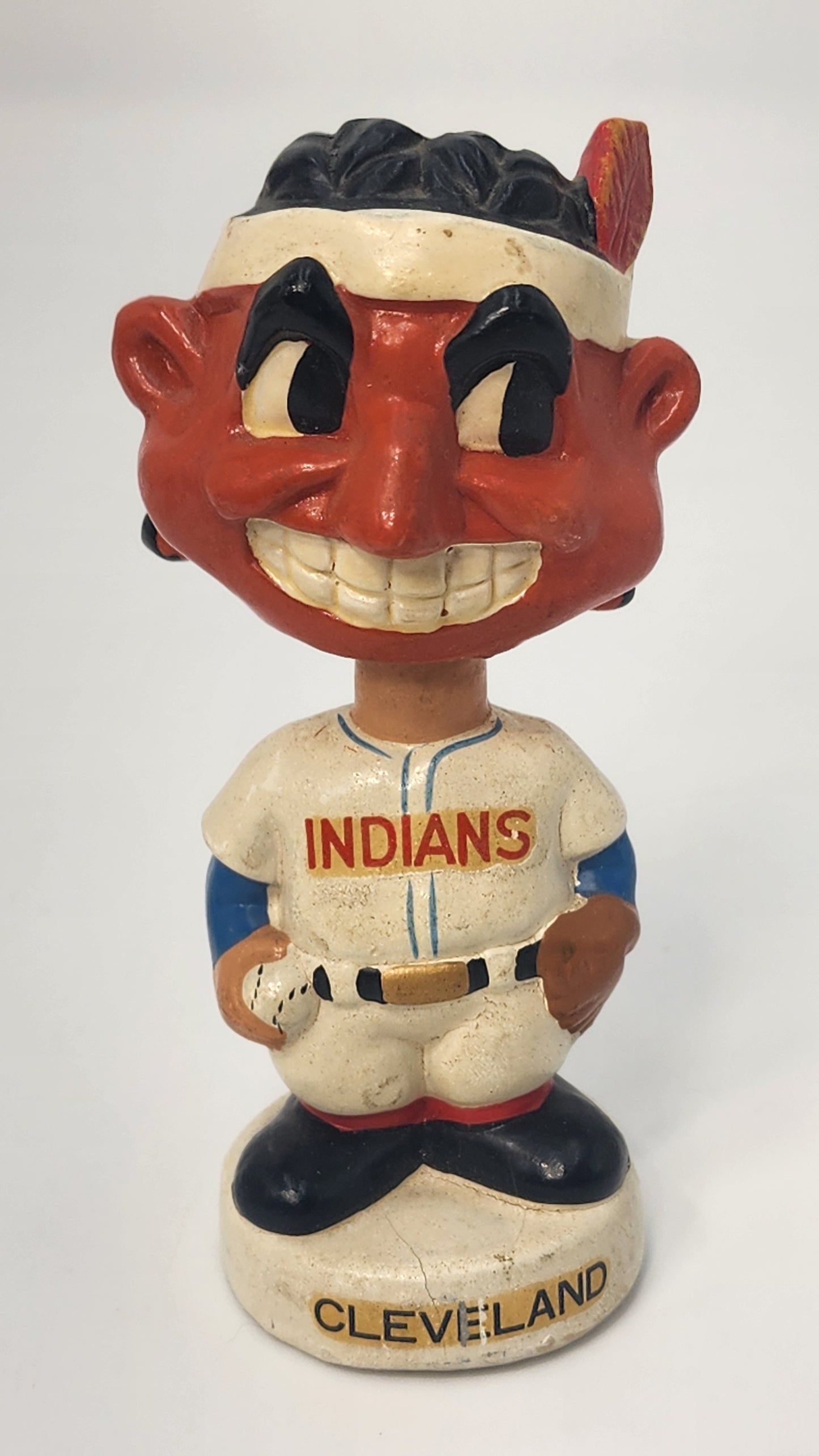 Cleveland Indians mini bobblehead front view showing Chief Wahoo mascot and INDIANS jersey