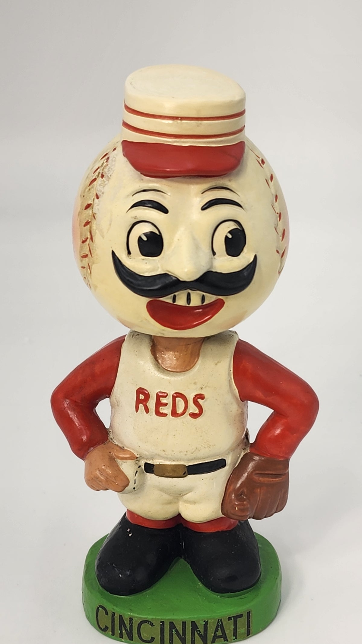 Front view of Cincinnati Reds green base bobblehead